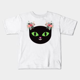 Black cat with flowers Kids T-Shirt